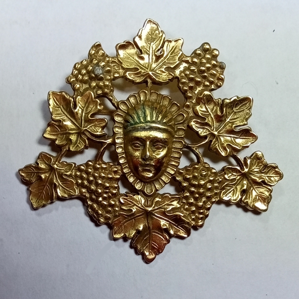 Vintage ALVA Gold Brooch Buddha Mask Grape Bunches Leaf Pin Boho Antique Vibe